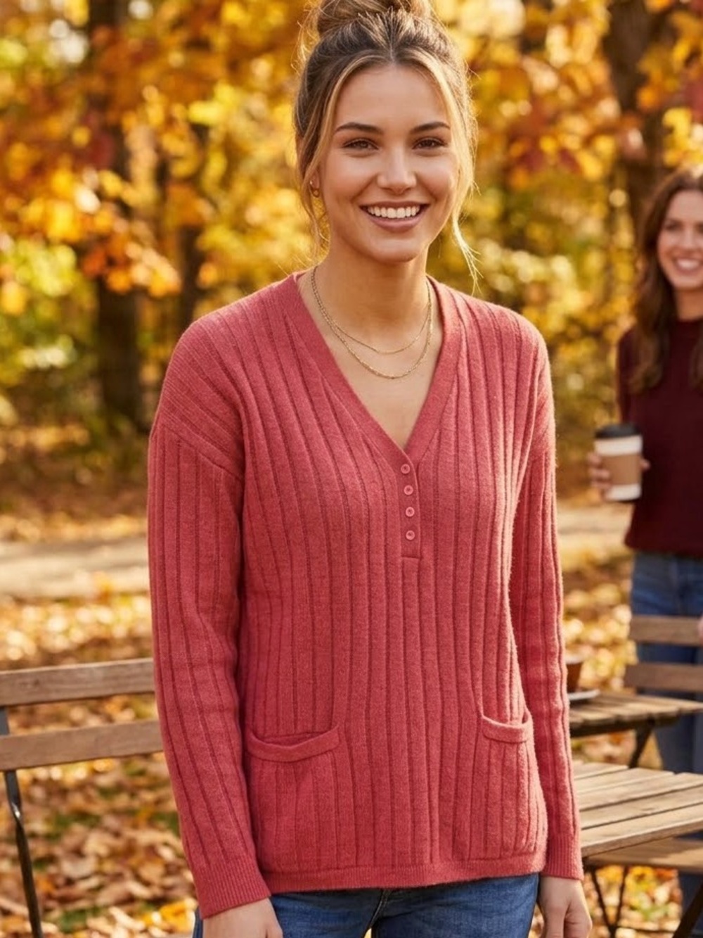 The Limited Vintage Coral Red Ribbed Knit V-Neck Henly Sweater Medium